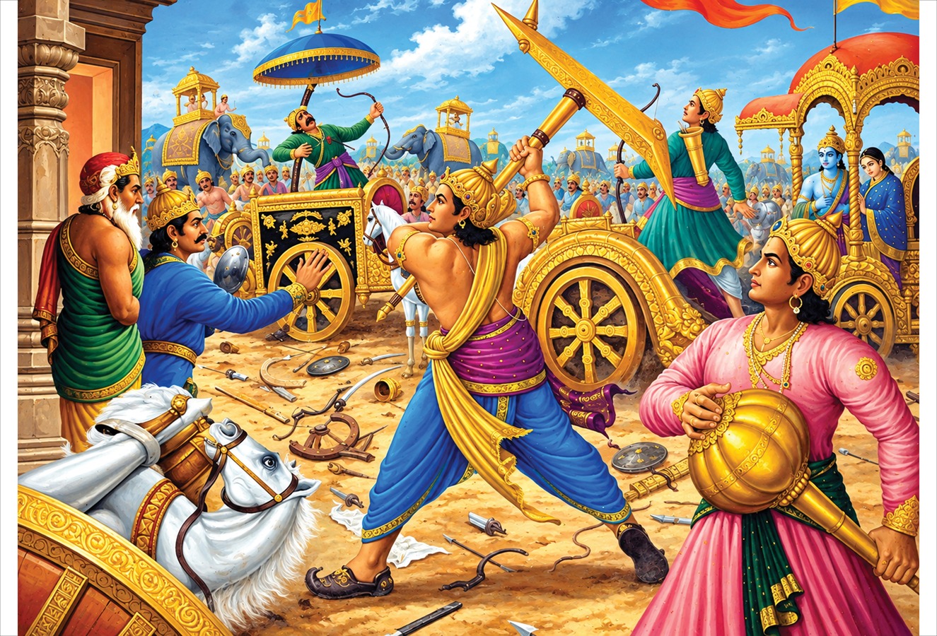 श्रीबलराम दादा यादवांच्या बाजूने युद्ध करताना, हातात नांगर आणि मुसळ घेऊन पराक्रम दाखवत आहेत