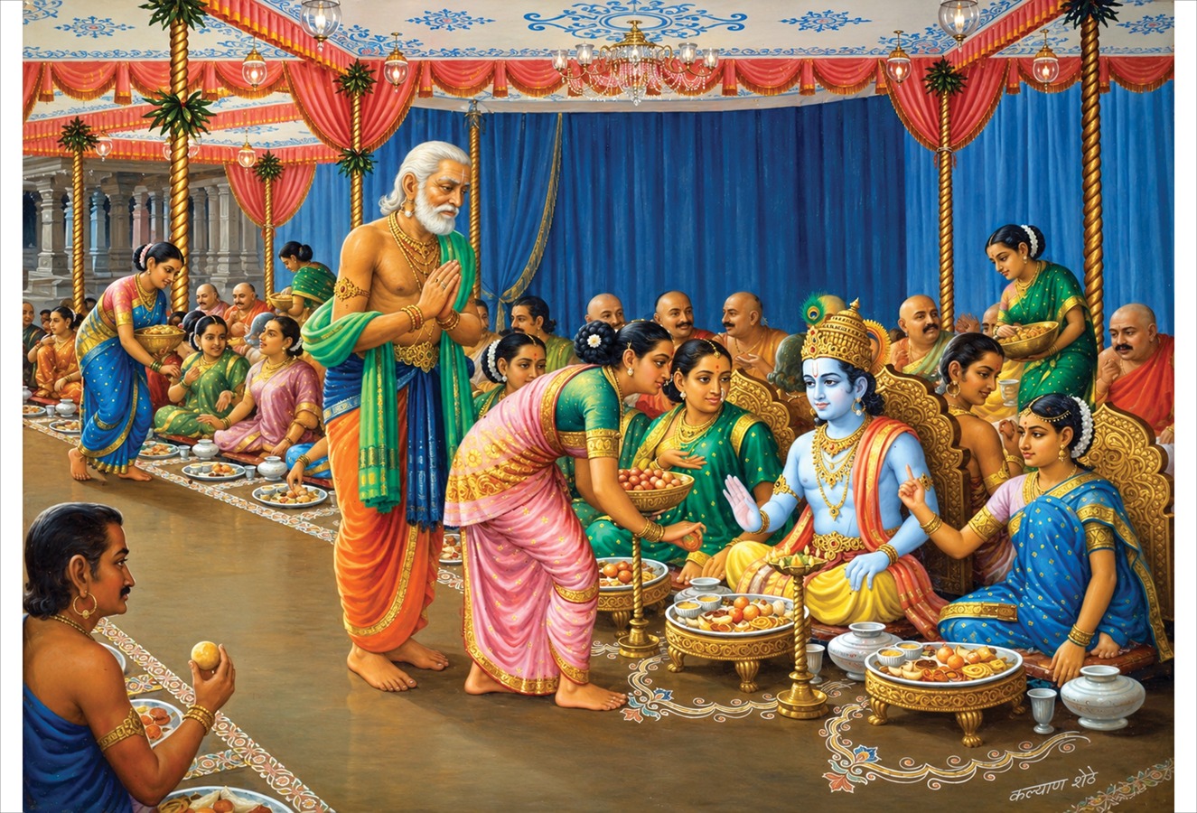 रुखवत अर्पण आणि कृष्ण भोजन — विवाहानंतर श्रीकृष्णाला भोजन वाढण्याचा प्रसंग