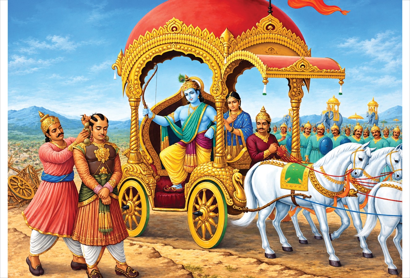 श्रीकृष्ण रुक्मीचा पराभव करून त्याला शिक्षा देताना
