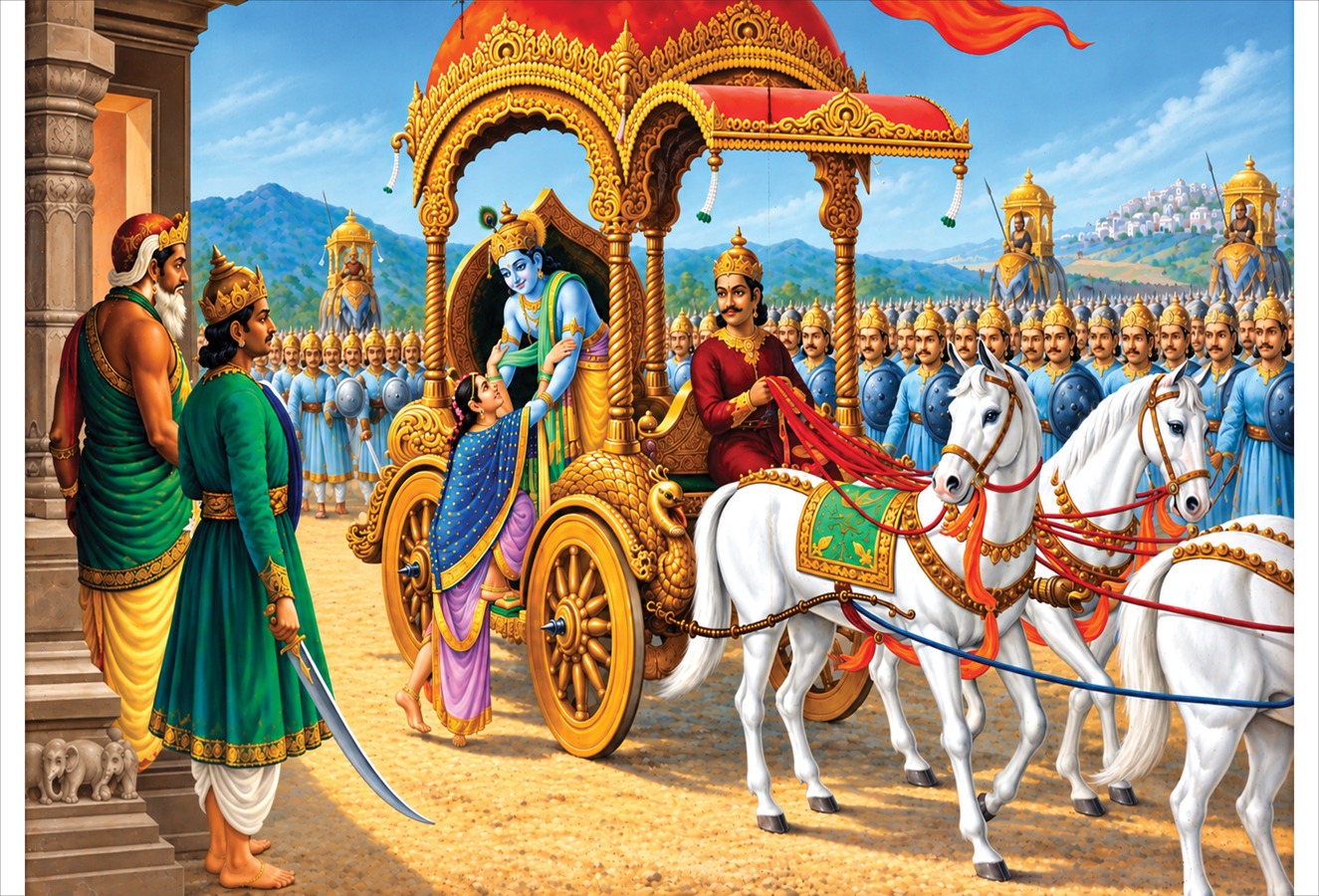 श्रीकृष्ण रुक्मिणीला रथात घेऊन जाताना — श्रीरुक्मिणी हरण