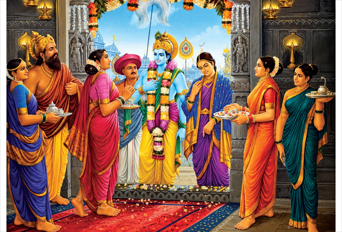 श्रीकृष्ण आणि रुक्मिणी यांचा वधू-वर म्हणून राजवाड्यात गृहप्रवेश